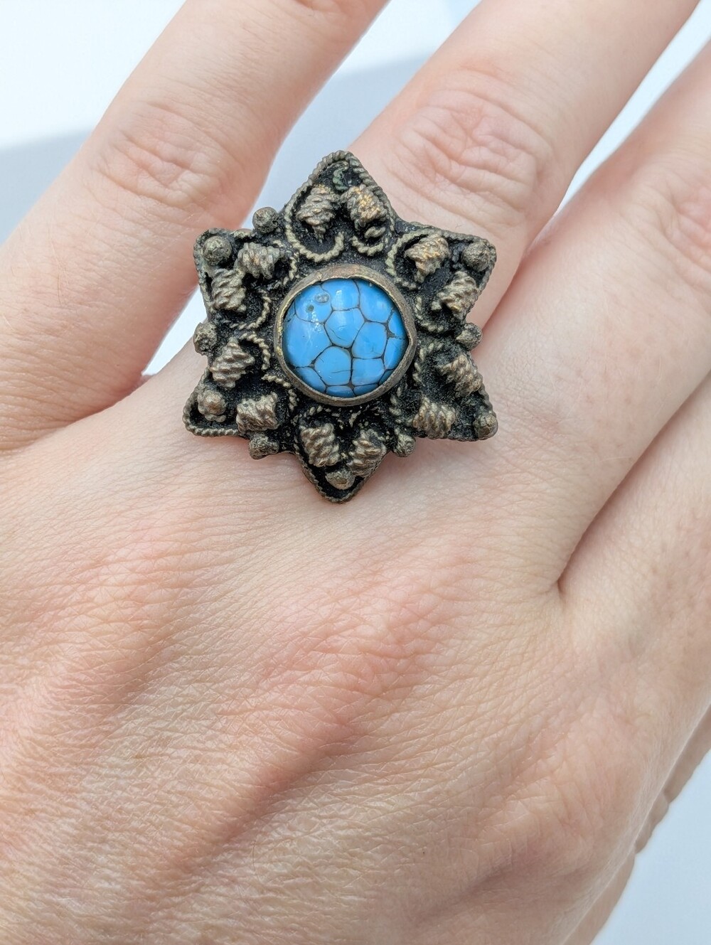 Vintage Etruscan Revival Silver tone Filigree & Blue Cabochon ring